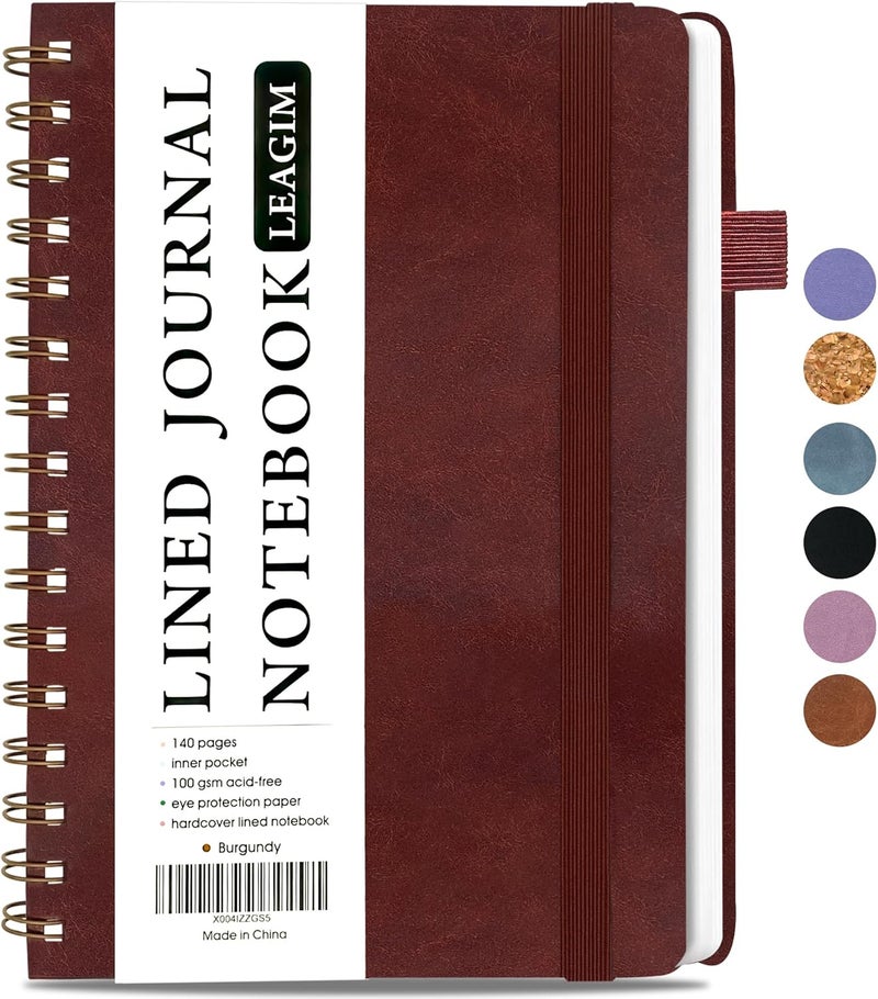 LEAGIM Lined Spiral Journal Notebook for Women & Men, College Ruled Hardcover Notebook for Work & Note Taking, Journals for Writing, 100 GSM, Business, School, 140 Pages, A5(5.8"x8.5") - Burgundy - Image 1